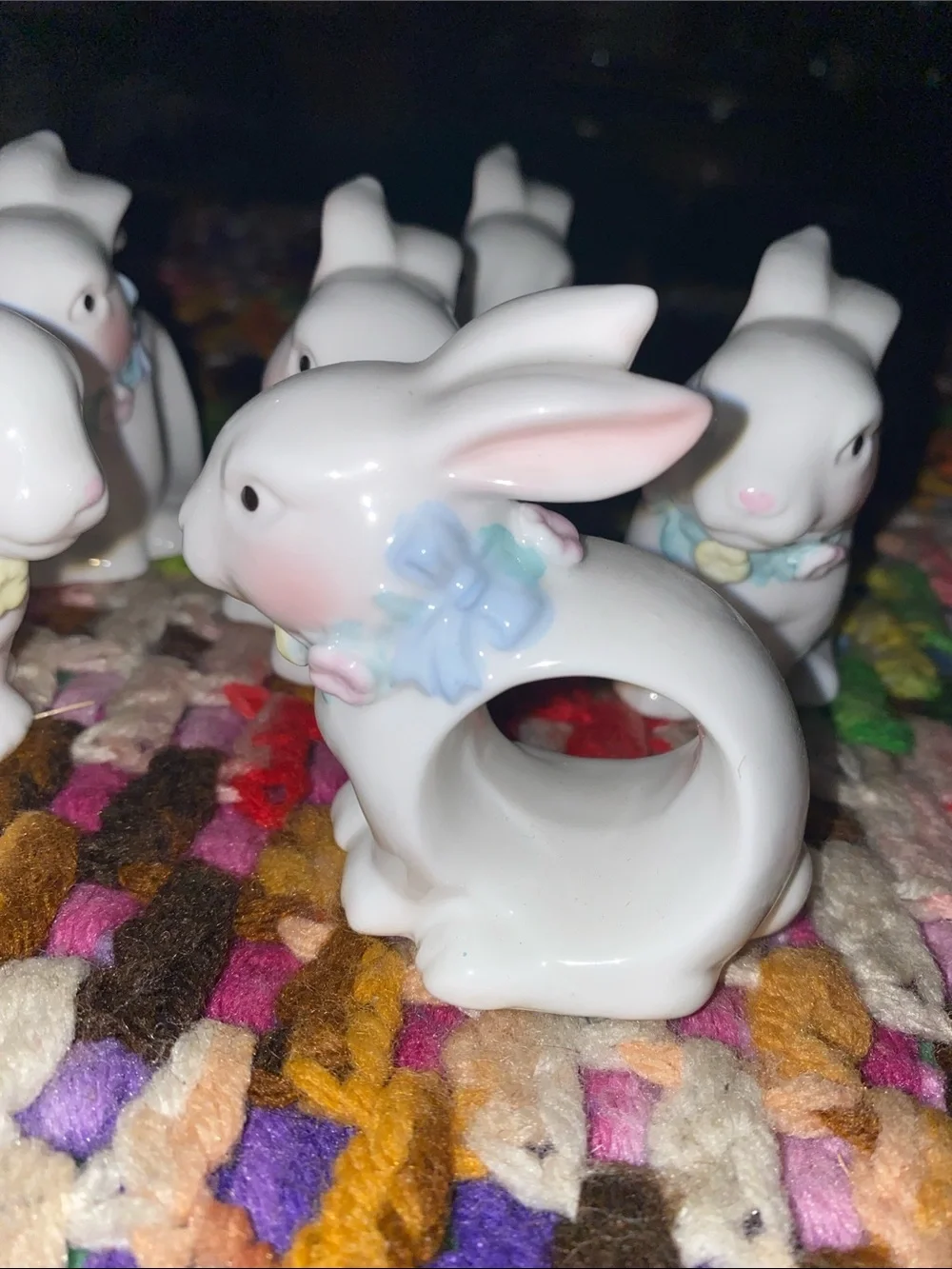 Vintage White Ceramic Bunny Napkin Holders with Blue Bows- Set of 6